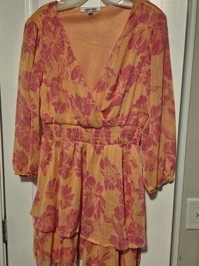 Mimi Chica Pink & Orange Floral Wrap Mini Dress